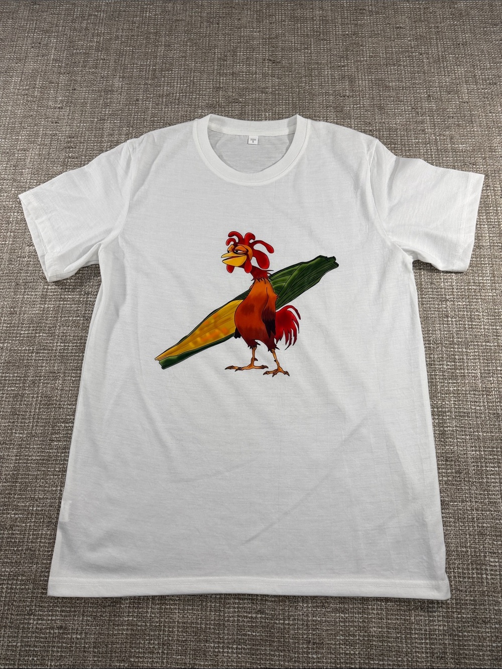 White T-Shirt with Red Rooster & Green Corn Bird Graphic
